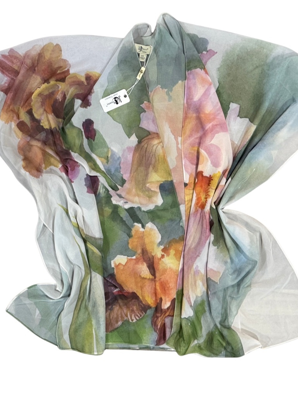 Classic Floral Watercolor Silk Scarf in Green, Pink and Purple